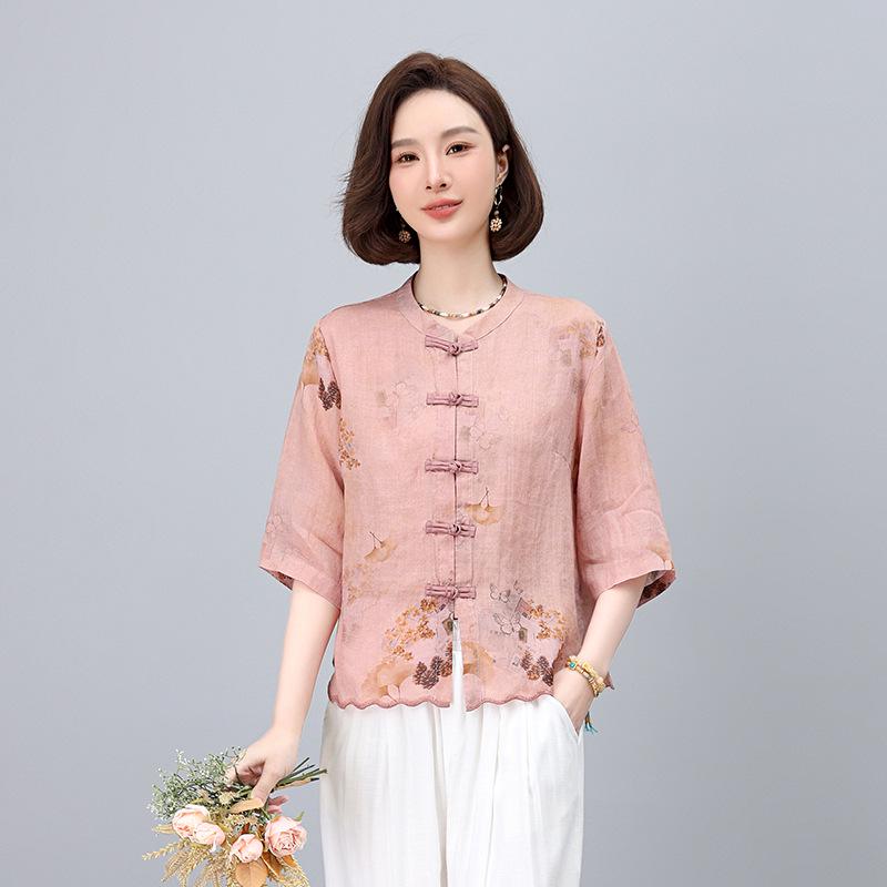 

Женская летняя рубашка свободного кроя с жаккардовым узором и застежкой на пуговицы-лягушки из рами XXL