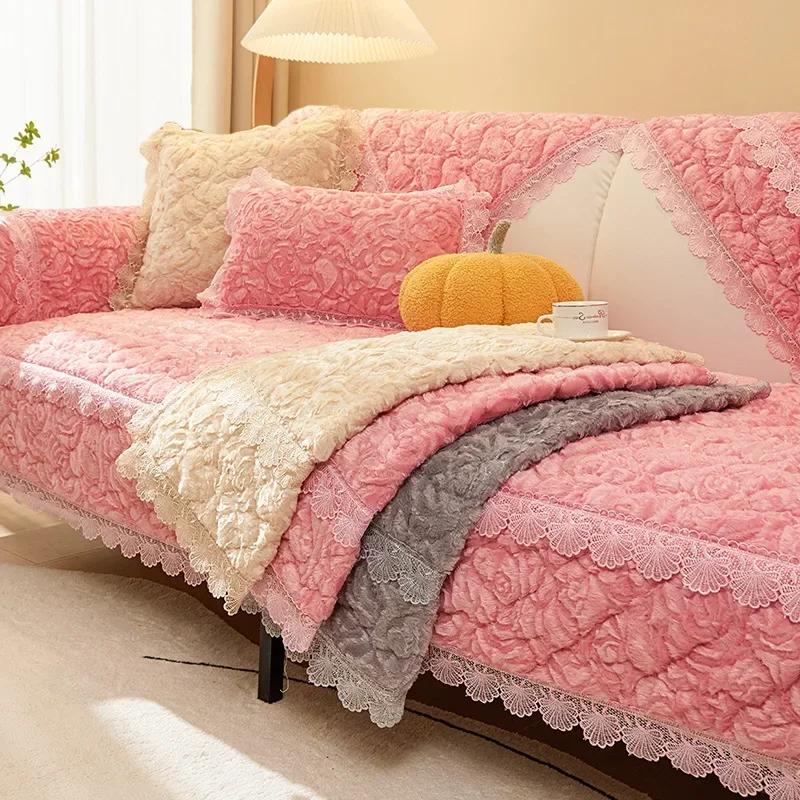 Copridivano invernale con rose, in peluche, con bordo in pizzo, per soggiorno, antiscivolo, universale
