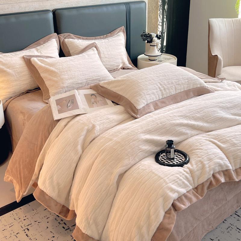 Light Luxury Simple Rabbit Fleece Four-Piece Set Solid Color Thickened Milk Fleece Bedding Mattress Quilt Cover