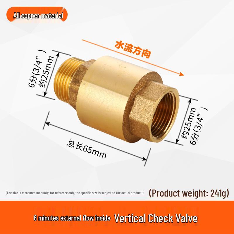 All-Copper 1-Inch Vertical Spring Check Valve with Male/Female Threads, One-Way Backflow Preventer for Water Pipes and Meters.