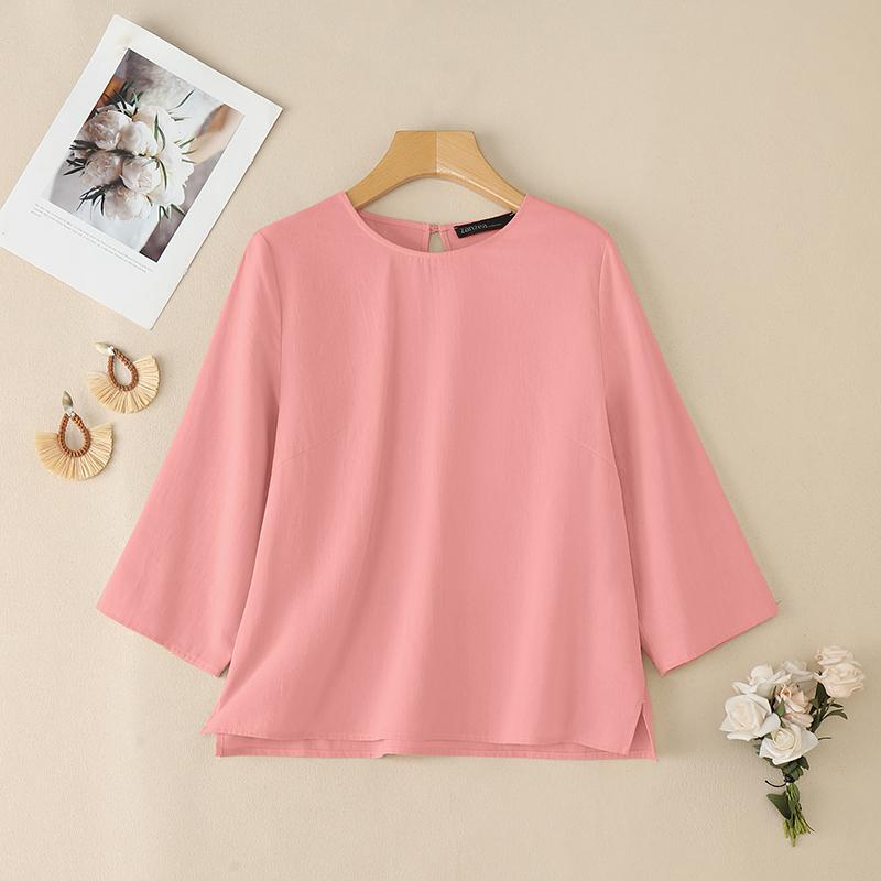 ZANZEA Women Casual Round Neck Solid Color 3/4 Sleeve Loose Blouse