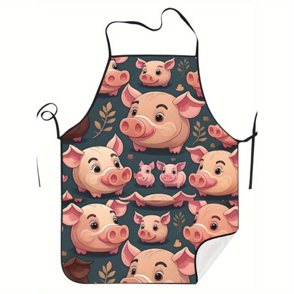 Vintage Pink Pig Print Apron 100% Polyester Fabric Slight Stretch Patterned Cookwear For Restaurant And Home Use 190Gsm