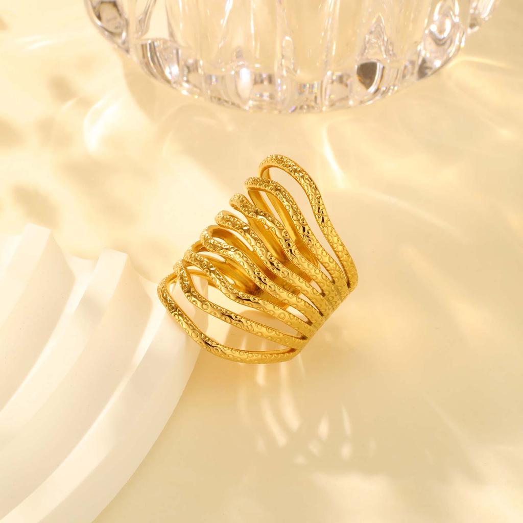 Irregular Texture Wave Opening Ring,Gold Color Stainless Steel Geometric Rings,Women's Jewelry Accessories Gifts