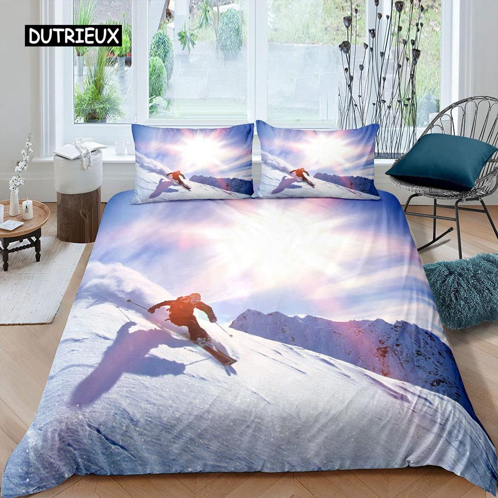 Ski-Bettbezug-Set, Cartoon-Ski-Bettwäsche-Set, Sport-Thema, Bettbezug, Extremsport-Design, Queen- und King-Size-Bettbezug