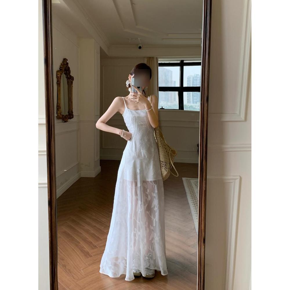 Free Small Man, Light Green Suspender, Long Waist and Thin Dress, Women's Summer Mesh Yarn Jacquard Vacation Gauze Skirt