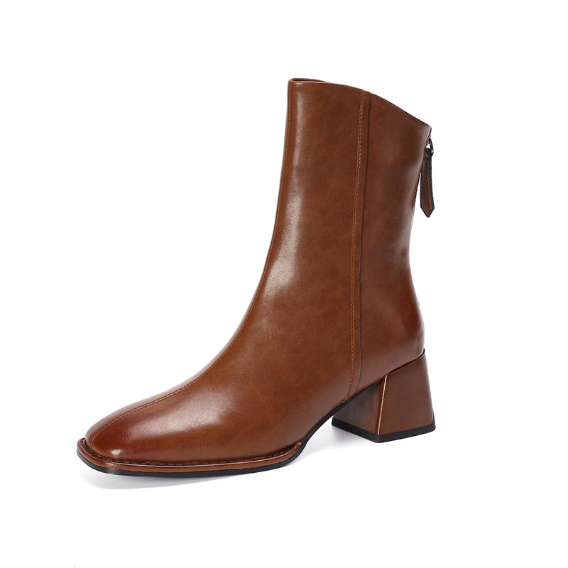 Fashion Women's New Autumn/Winter Square Headed Genuine Cowhide High Heel Zipper Size Retro Chelsea Calf Short Boots