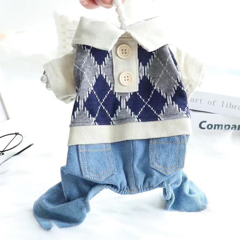 Plaid Shirt With Denim Pants Vest Overall For Dog Autumn Winter Pet Fashion Clothes Set For Small Medium Animal Chihuahua Yorkie