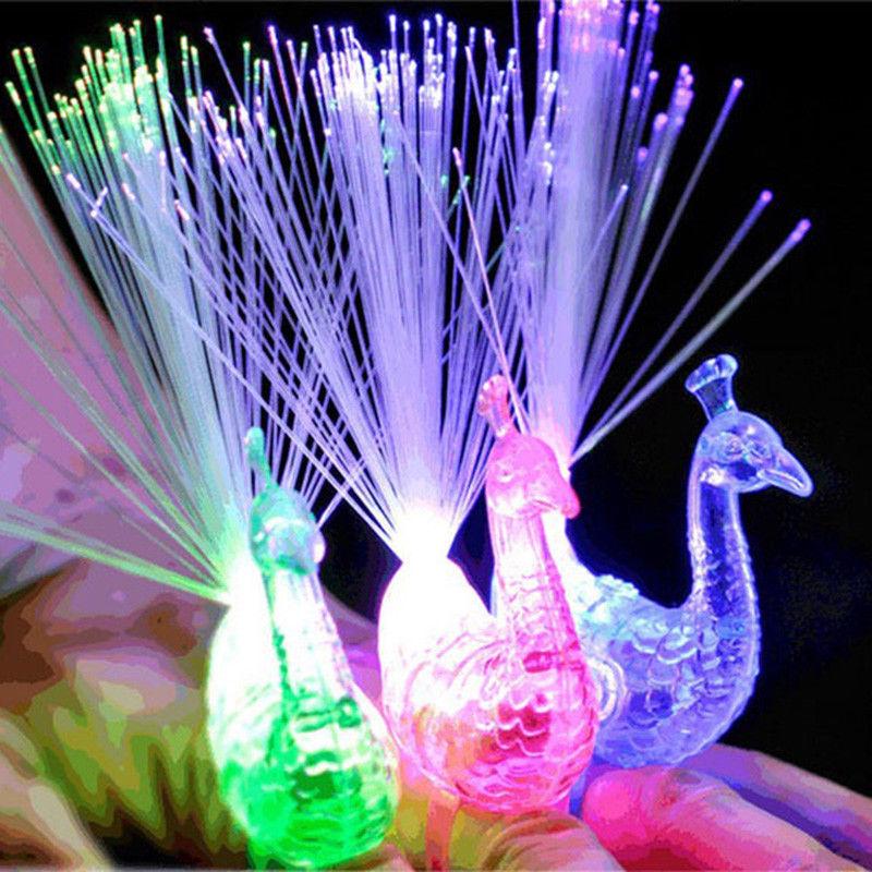LED Peacock Finger Ring Lights Fiber Optic Lamp Change Color Intelligence Toys for Children Gift