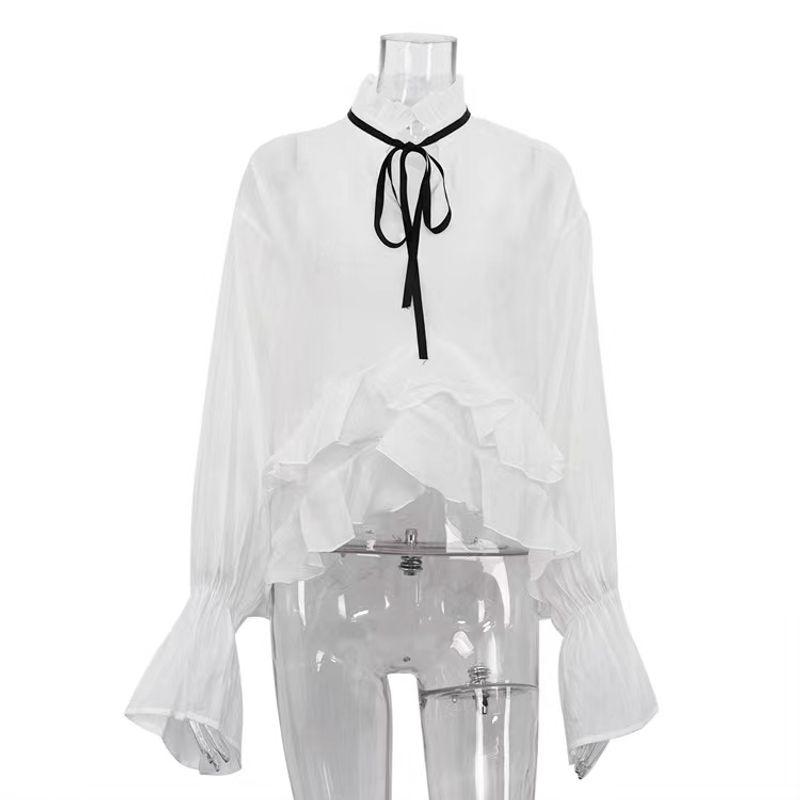 

Fashion Wind Sexy See-through Flare Sleeve Blouse Sexy Special Flare Sleeve Shirt White S