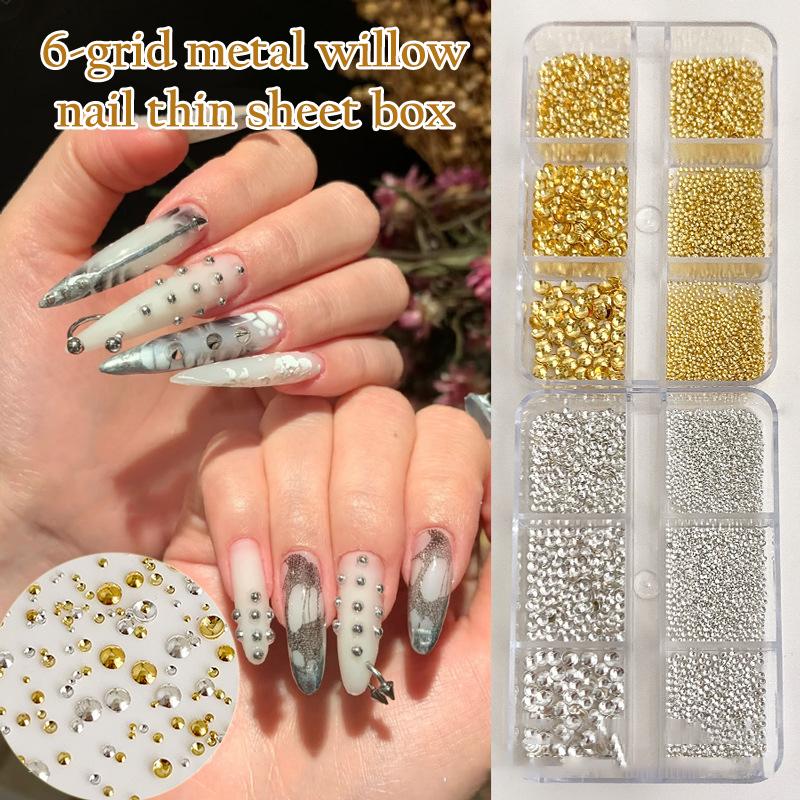 6 Grid/Box Gold Silver Half Round Rivets Nail Charms 0.8-3Mm Flat Back Round Metal Nail Bead Micro Ball Manicure Bead