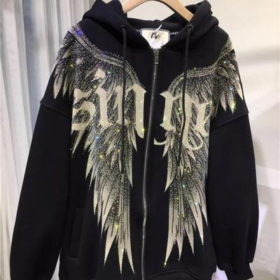 Modisches und lässiges Damen-Sweatshirt mit Kapuze für den Frühling, dünn, mit Strass-Flügel-Dekoration