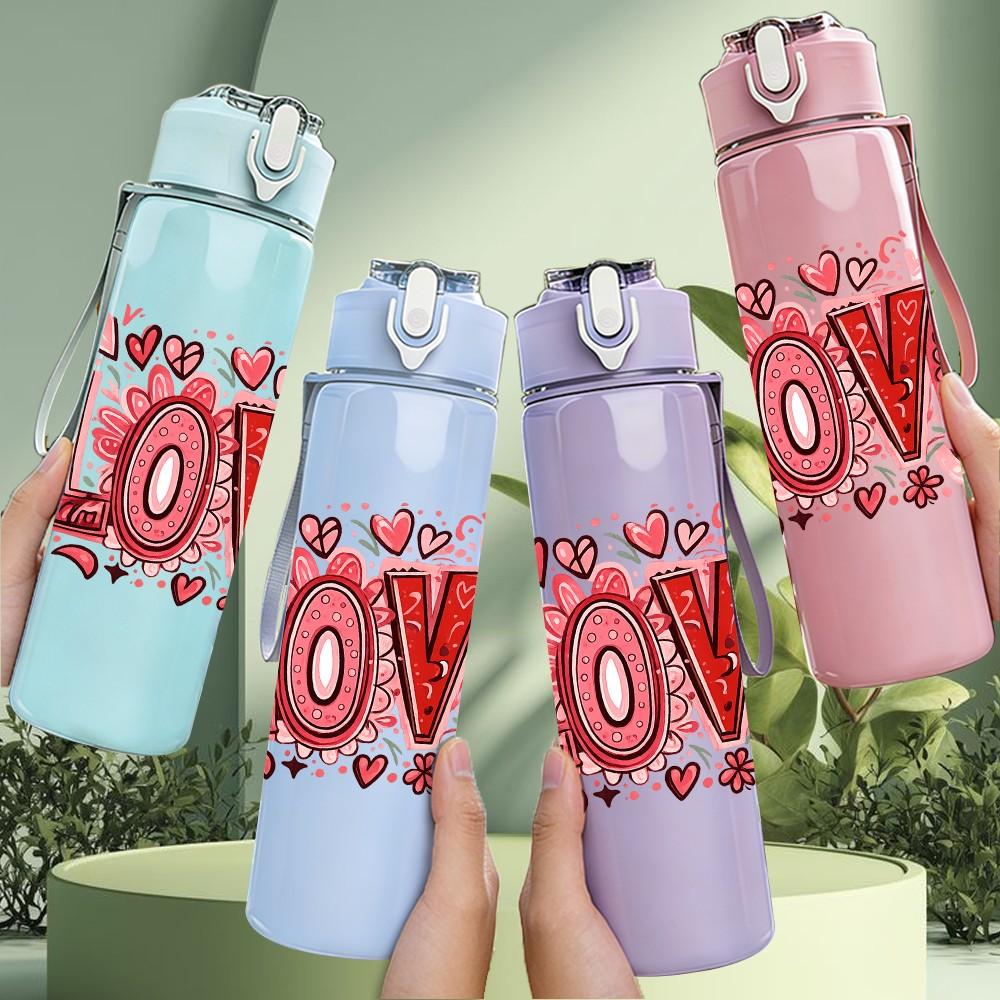 1PC Big Red LOVE Letter Art Print 750ml Color Plastic Sports Water Bottle Leakproof Flip Straw Lid Suitable for Sports Office Home Use