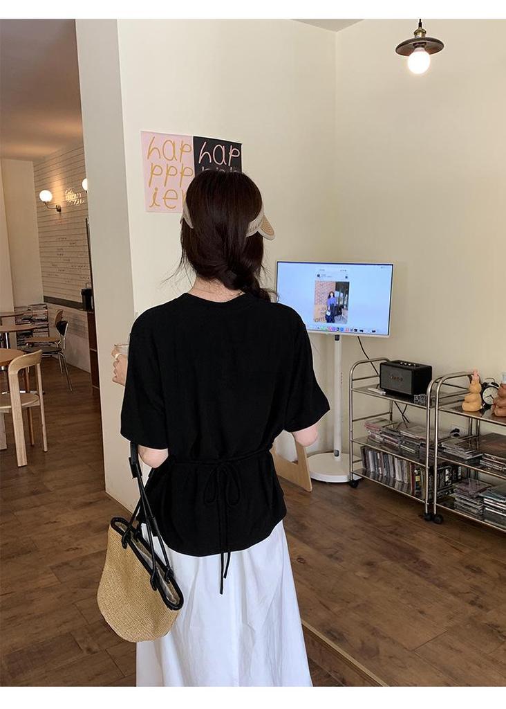 V-Neck Soft, Skin-Friendly Short-Sleeve T-Shirt with Back Waist Tie - Women's Summer 2026 New Style