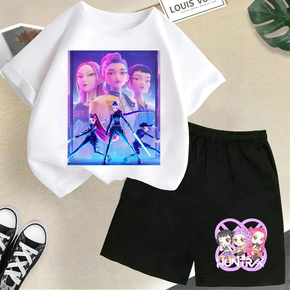 Moda Informal Estampado 3D Infantil Ola Coreana Cazador de Demonios Película Dibujos Animados Niños y Niñas Conjunto de Manga Corta