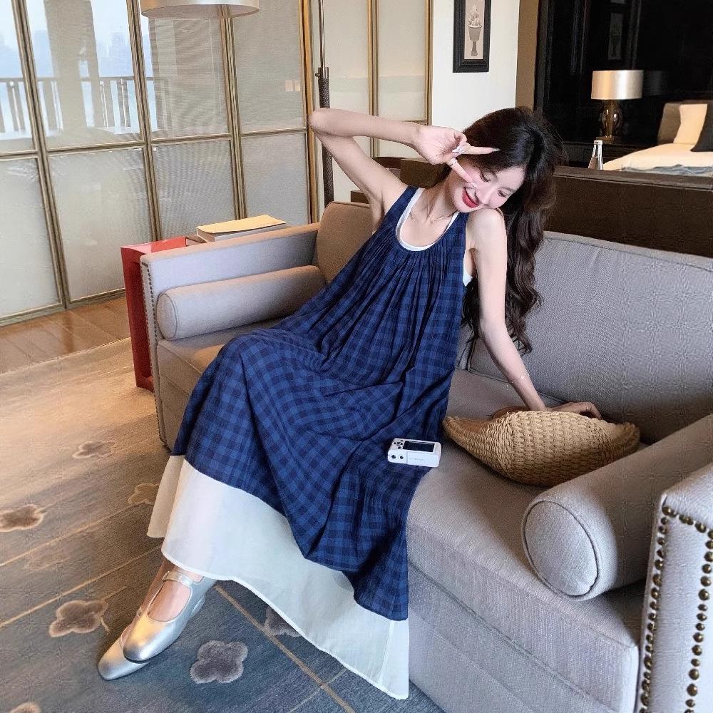 French Mori Girl Blue Plaid Spaghetti Strap Maxi Dress