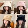Face Slimming Fuzzy Plush Hat Earflap Winter Warm Hat Preppy Style Cat Ear Bucket Hat Student