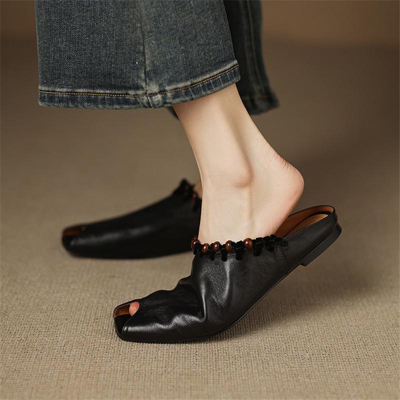 Fashion New Genuine Leather Summer Slippers Open-toe Slippers for Women Fashion Fish Mouth Low Heels Ladies Shoes Flat Shoes Slippers