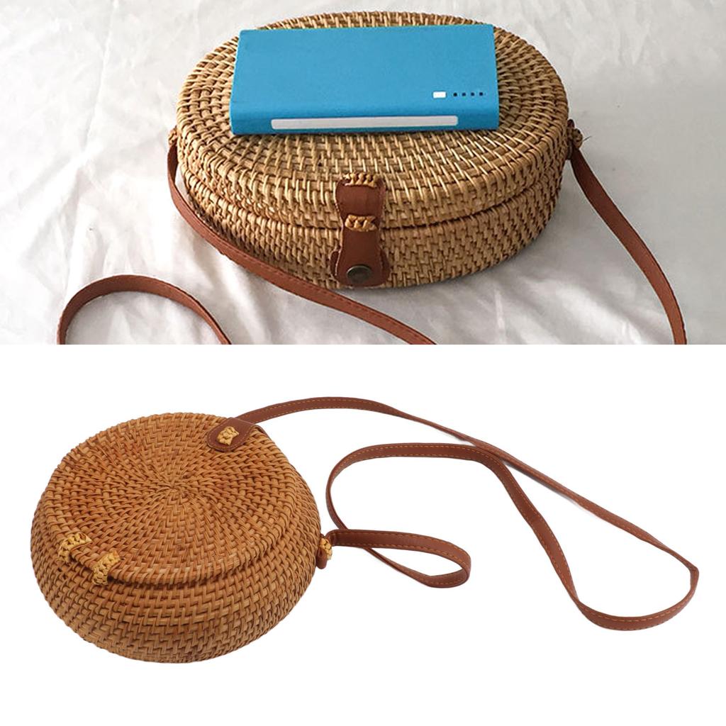 Handwoven Round Rattan Bag Tropical Beach   Woven Shoulder Rattan Bag with Leather Strap 20cm Diameter