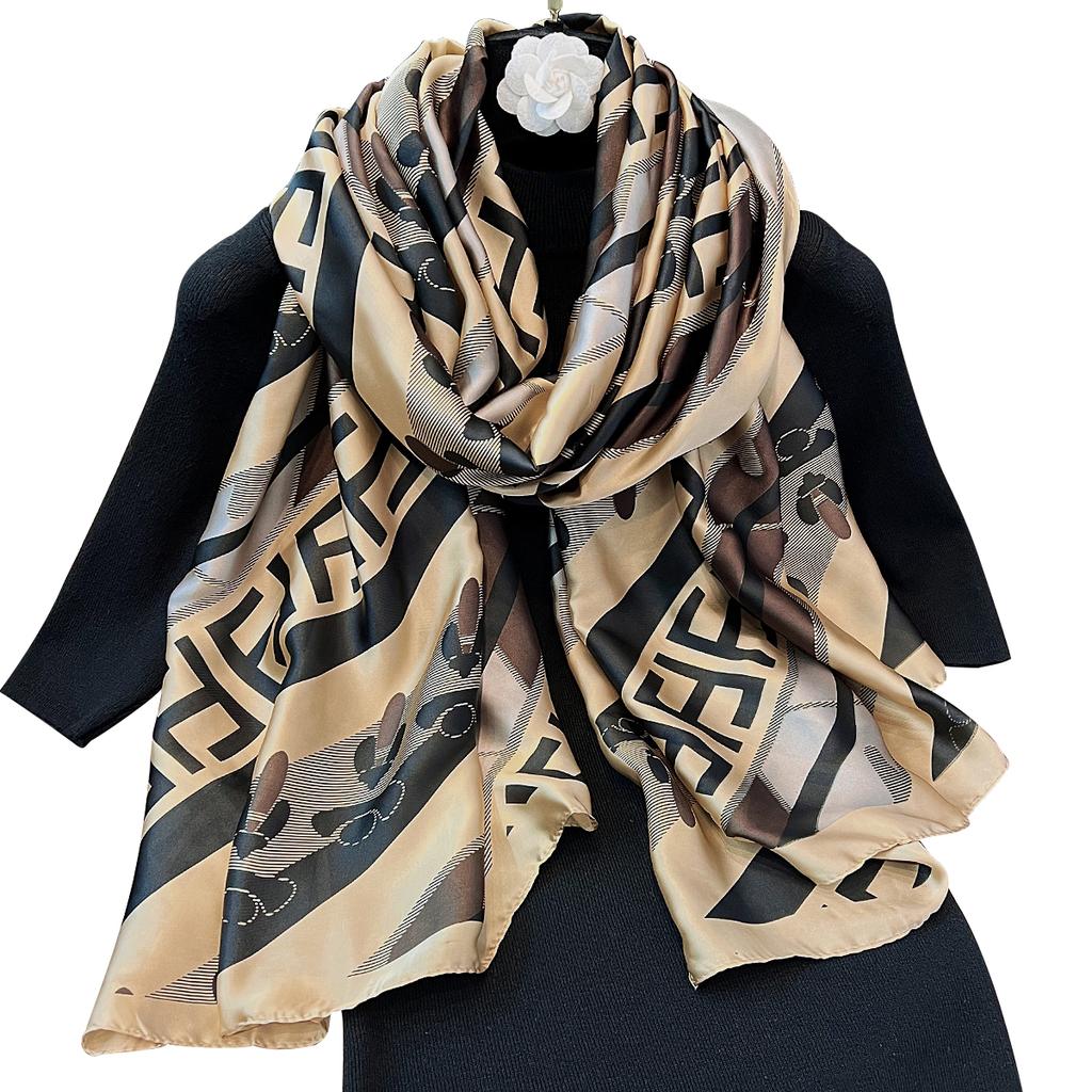 Korean version of the new simulated silky brocade silk scarf fashionable versatile long scarf summer seaside travel sunscreen beach towel