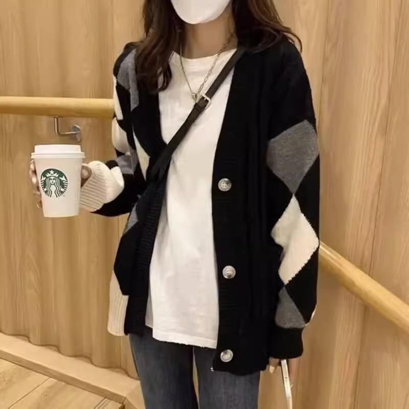 

Женский кардиган средней длины с цветными блоками, ромбовидной вязкой — свободный, ленивый стиль One Size