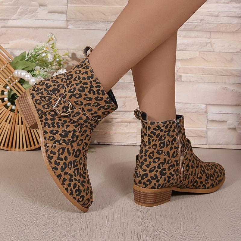 Fashion Women's Fashion Chunky Cotton Boots Winter New Round Head Suede Leopard Print Side Zipper Non-slip Short Boots
