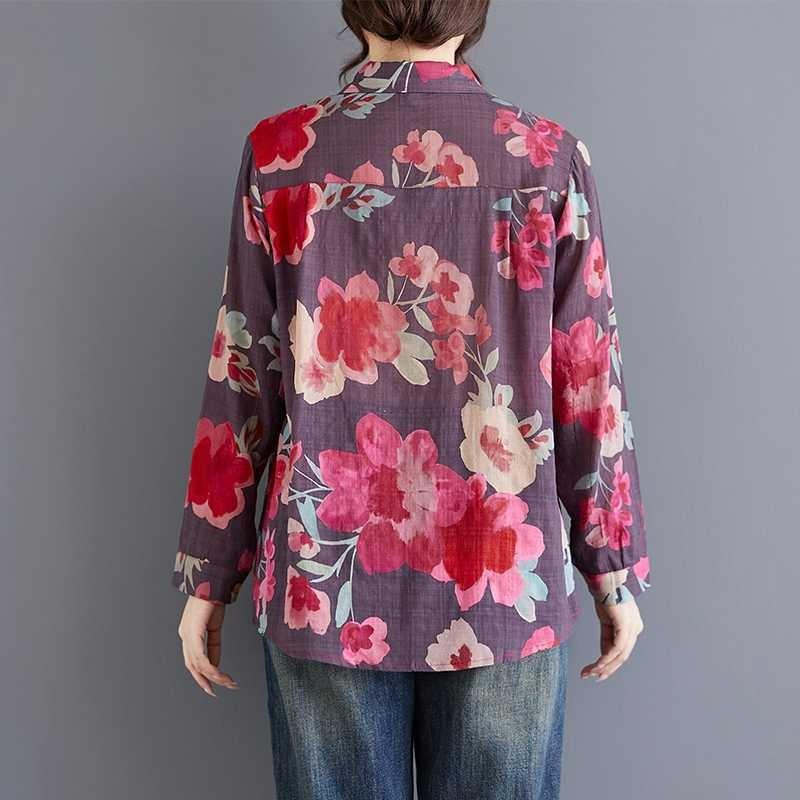 Literary Large-size Casual Shirt Women's Spring New Single-breasted Flower Print Long-sleeved Shirt Shirt Sunscreen Shirt