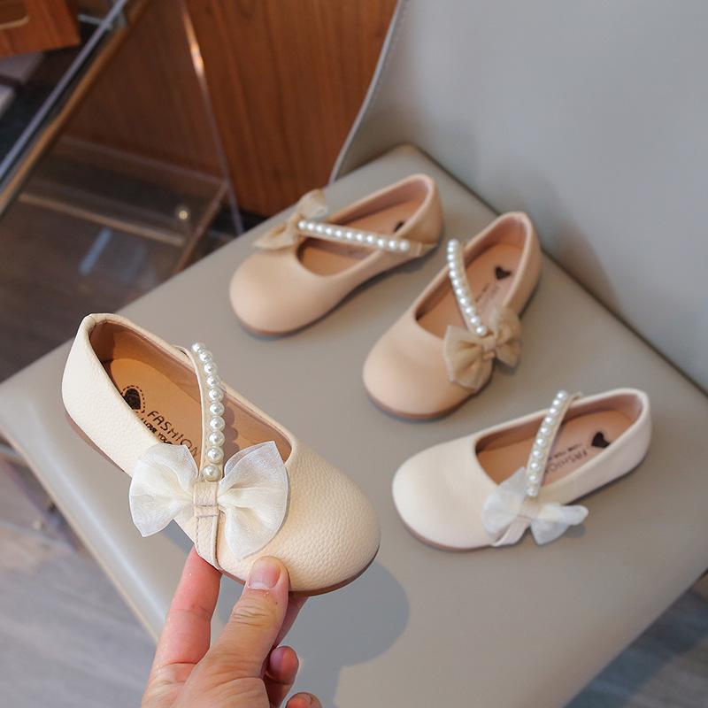 Mary Jane Girls Leather Shoes 2025 Spring and Autumn New White Pearl Little Girl Baby Soft-soled Foreign-style Beanie Shoes