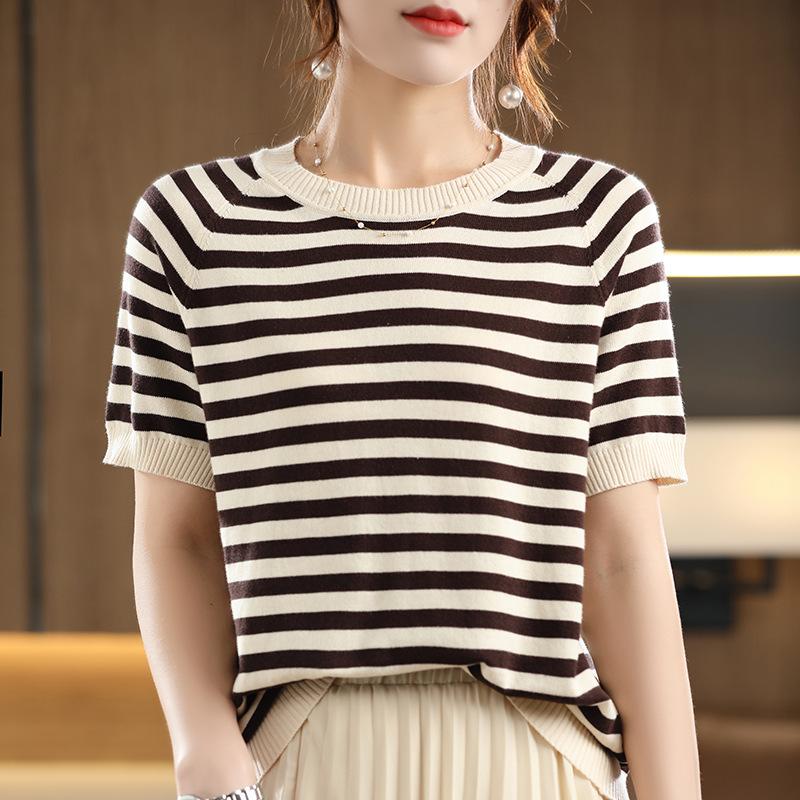 IHUASU Striped Cotton T-shirt Women's Summer Pullover Loose Versatile Half-sleeved Knitted Bottoming Shirt Short-sleeved