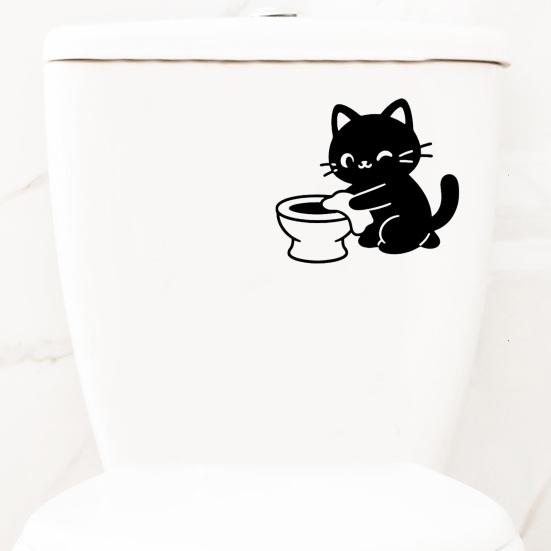 Waterproof Bathroom Wall Decals Funny Black Cat Toilet Sticker, Cute Cartoon Decal, Removable Tank PVC Sticker for Washroom Home Decor Lover