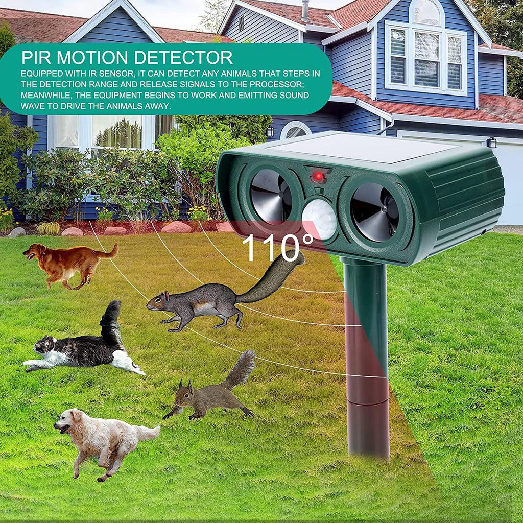 Solar Ultrasonic Animal Repeller for Birds, Dogs, Cats, Snakes, Insects, and Rodents - Outdoor Use for Orchards