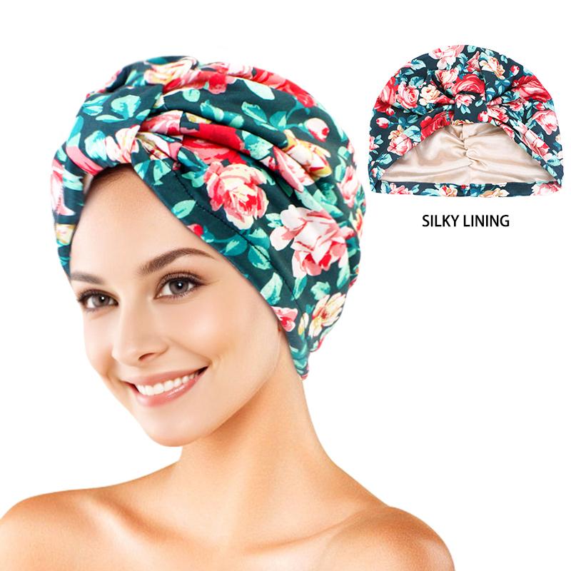 Neuer Turban mit Blumenmuster, plissiert, Beanie mit Knoten, elastisches Stirnband, lässige Kopfbedeckung, elegante Damen-Chemo-Kappe, Bandana-Kopfbedeckung