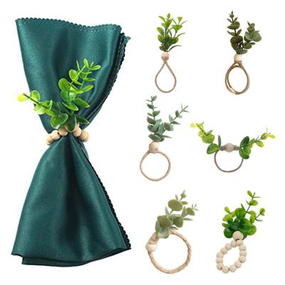 6 Pcs Napkin Buckles Fake Leaf Rope Decor Wooden Bead Bohemian Table Decoration
