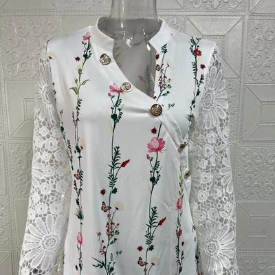 Spring and Autumn Women's Blouse Fashion Temperament Petal Lace Sleeve Button Down Collar Flower Print Long Sleeve Top