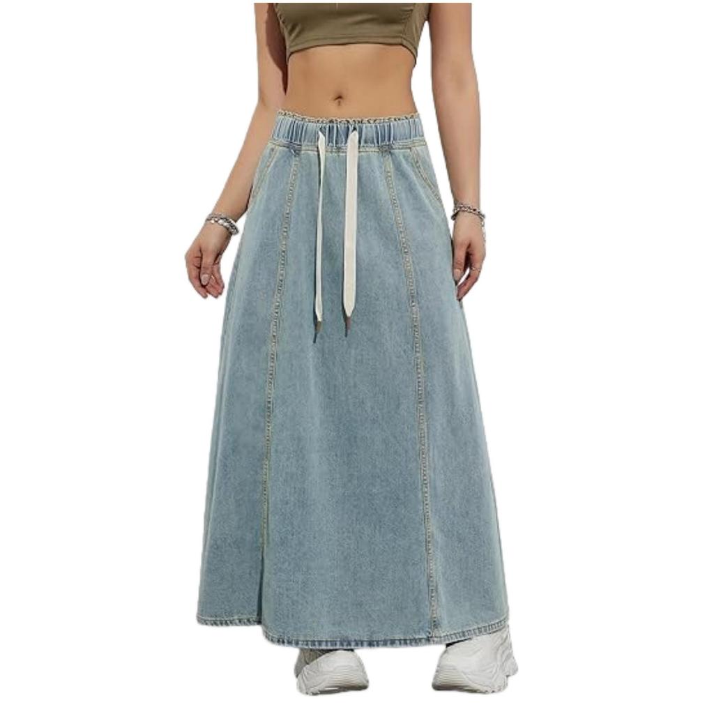 Women's Elastic Waist Denim Swing Skirt Women's Casual Long Skirt with American Design