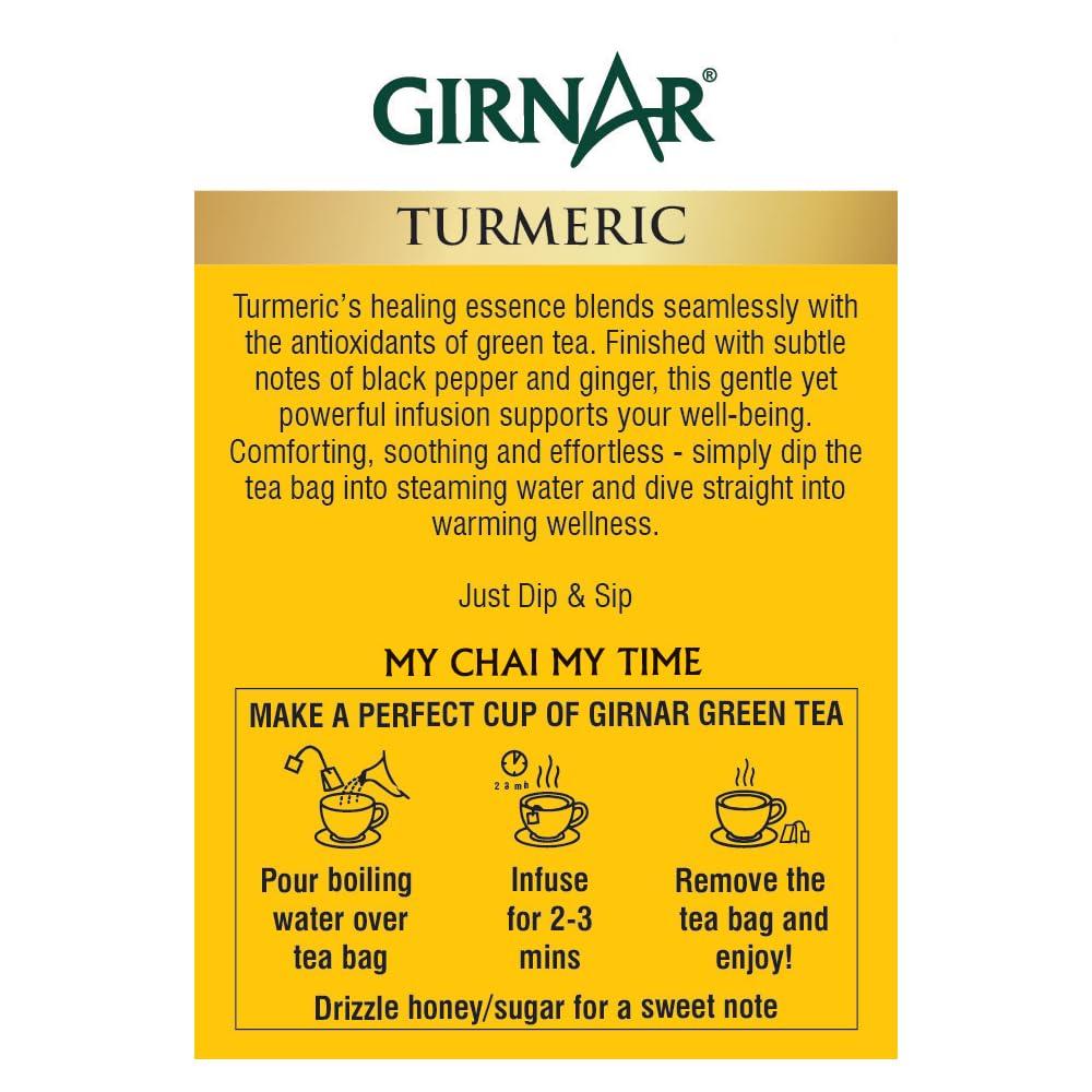 Girnar Green Tea with Turmeric Tea Bags 10 Count | Low Caffeine, Vegetarian, Allergen-Free Herbal Beverage