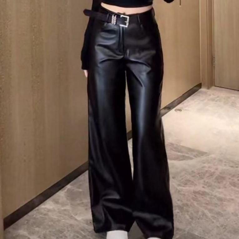 

High-Waisted Retro Fashion Solid Color Leather Wide-Leg Pants for Women - Autumn/Winter M (recommended below 105 jin)