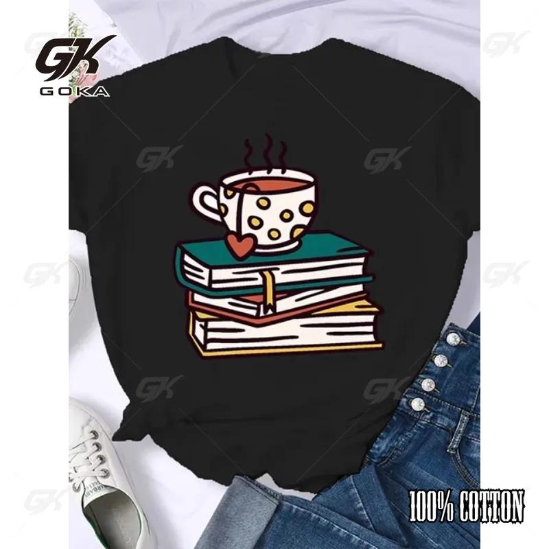 Coffee Books Brown Books American Retro Cotton T Shirt Woman Round Neck Half Sleeve T-shirts Printed Tops Woman Oversized Tees