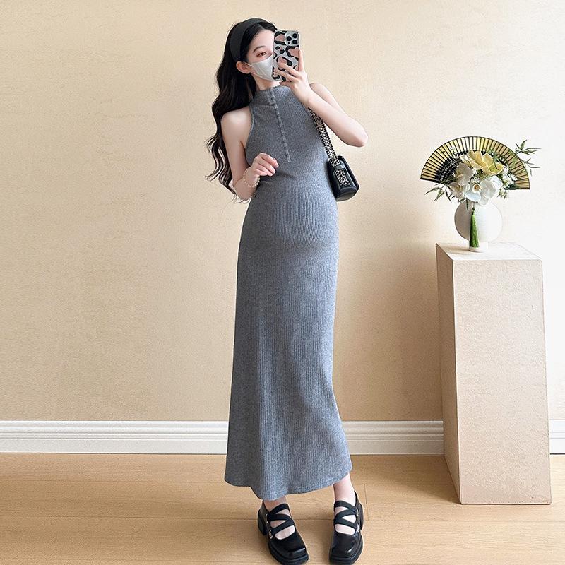 2026 Spring French Maternity Two-Piece Set: Long-Sleeve Cardigan & Stand-Up Collar Vest Dress M