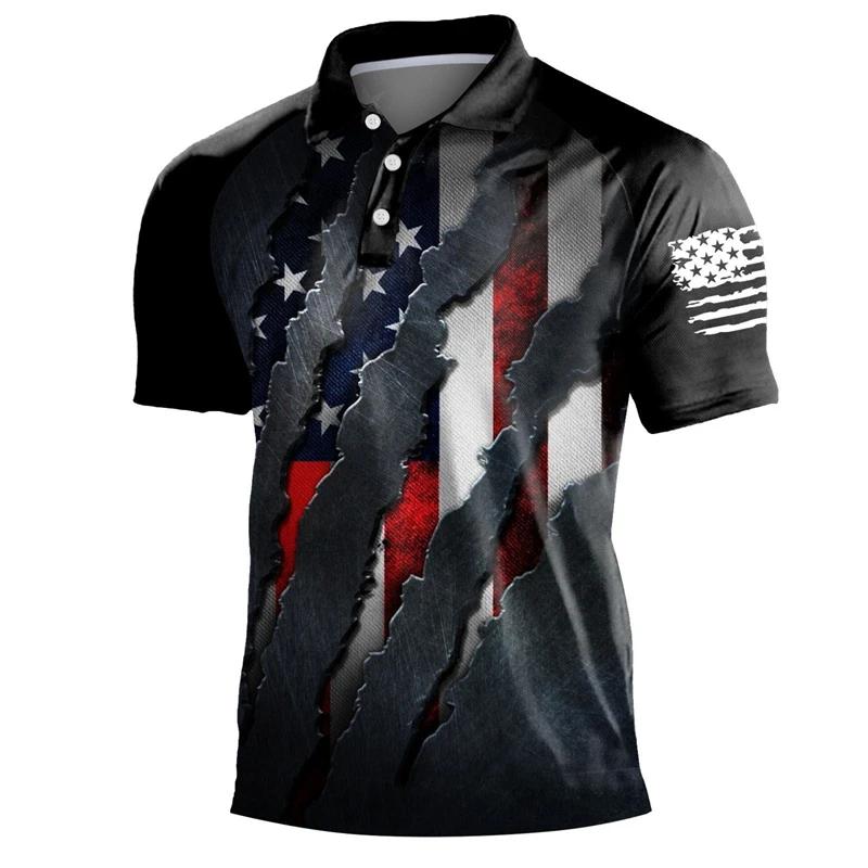 Show Patriotism! US Flag Print Polo Shirt, Casual Short Sleeve