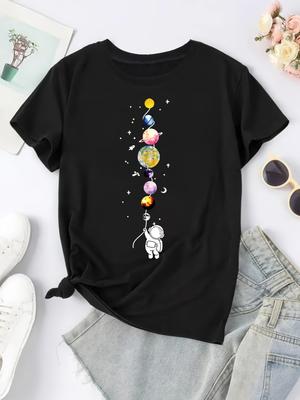 Tričko s potiskem kresleného astronauta a planety, Ležérní top s kulatým výstřihem a krátkým rukávem, Dámské oblečení