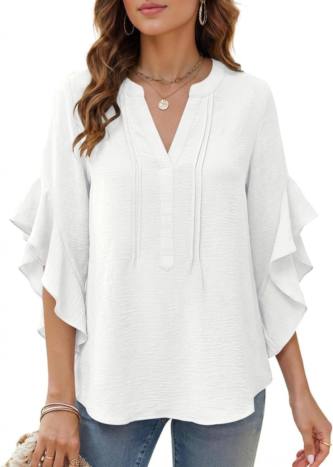 Women Split Notch Neck Pintuck Pleat Ruffle Half Sleeve Loose Textured Casual Blouse S белый