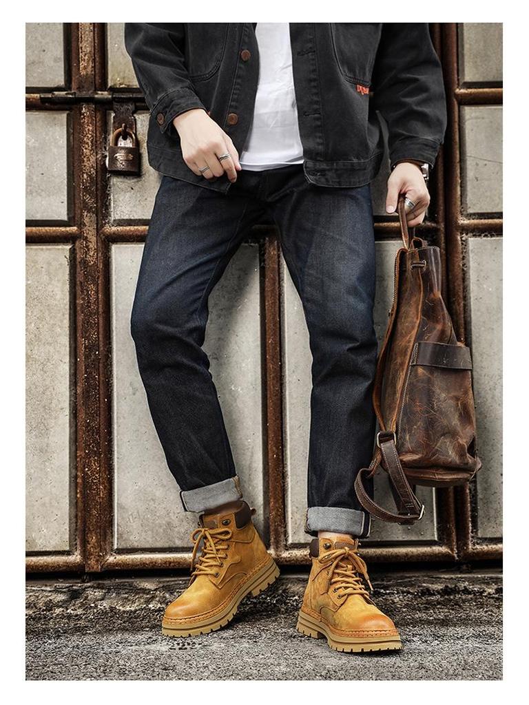 Men's Autumn/Winter Lightweight Breathable British Style High-Top Yellow Pigskin Work Boots