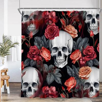 Cortina de Chuveiro de Caveira Halloween Caveira Assustadora Flor Fantasma Abóbora Decoração Feliz para Banheiro Cortina de Chuveiro Retrô
