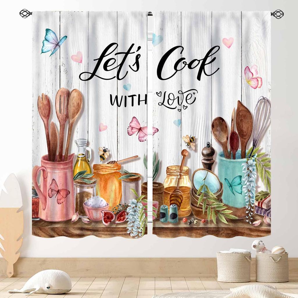 Retro Tableware Kitchen Text Curtain Panels,Distressed Wood Fork Spoon Sweet Home Slogan Full Print Drapes For Bakery Cafe Decor