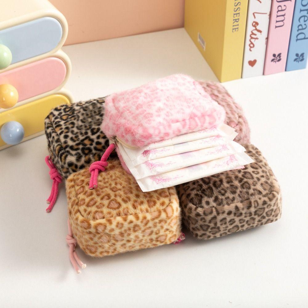 Plush Cosmetic Bag Leopard Print Coin Purse Portable Sanitary Pad Bag  Girls
