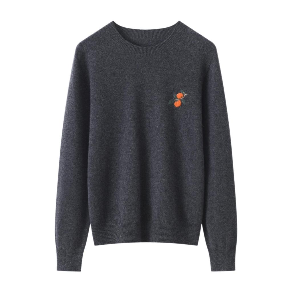 Women's 100% Pure Cashmere Embroidered Round Neck Sweater - Loose Fit Knitwear for Autumn & Winter