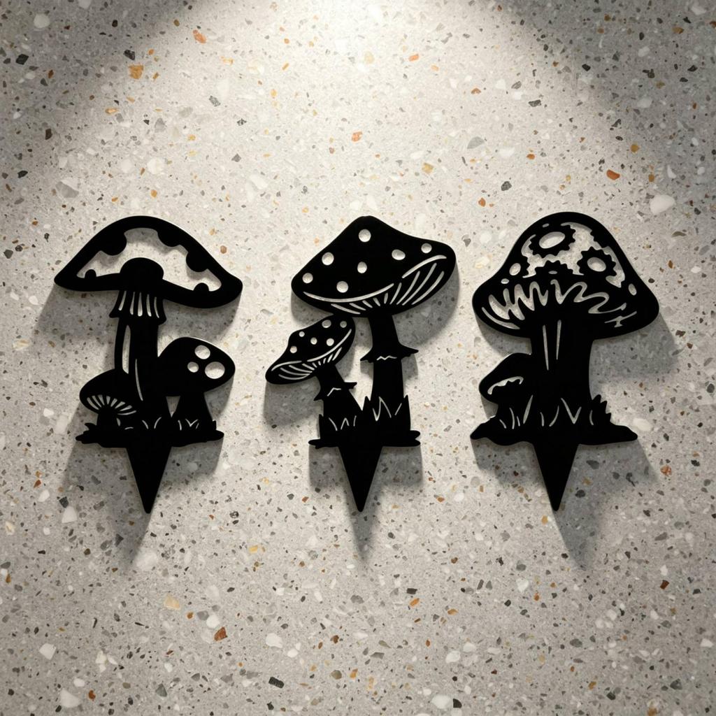 Mushrooms Ground Insert Black Metal Silhouette Sign Flat Garden Stakes for Gardeners,