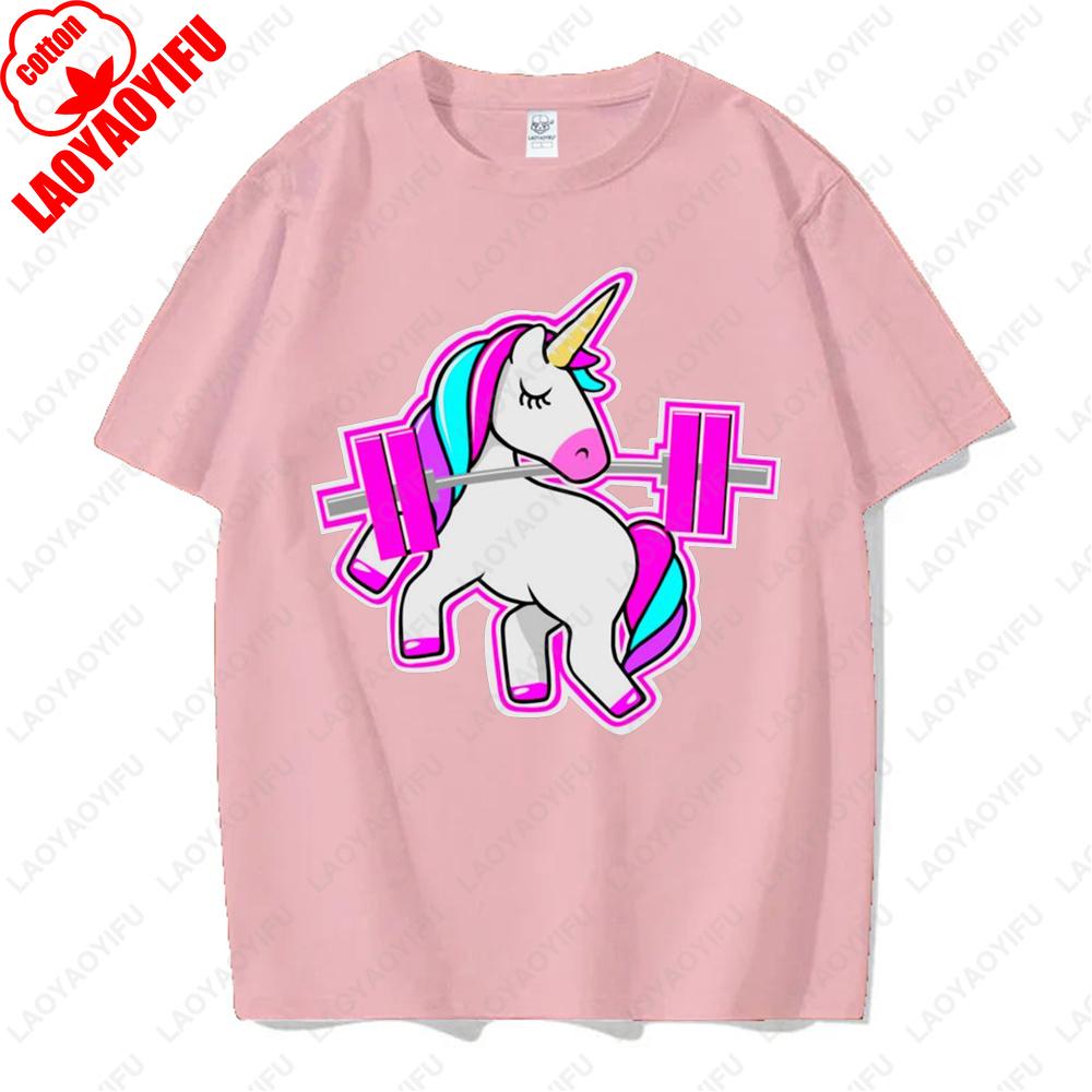 Rainbow Unicorn Installing Muscles Please Wait Gym Funny Sticker Tops Men Women Hipster Creative Cool Tshirt Kawaii Tees Gifts