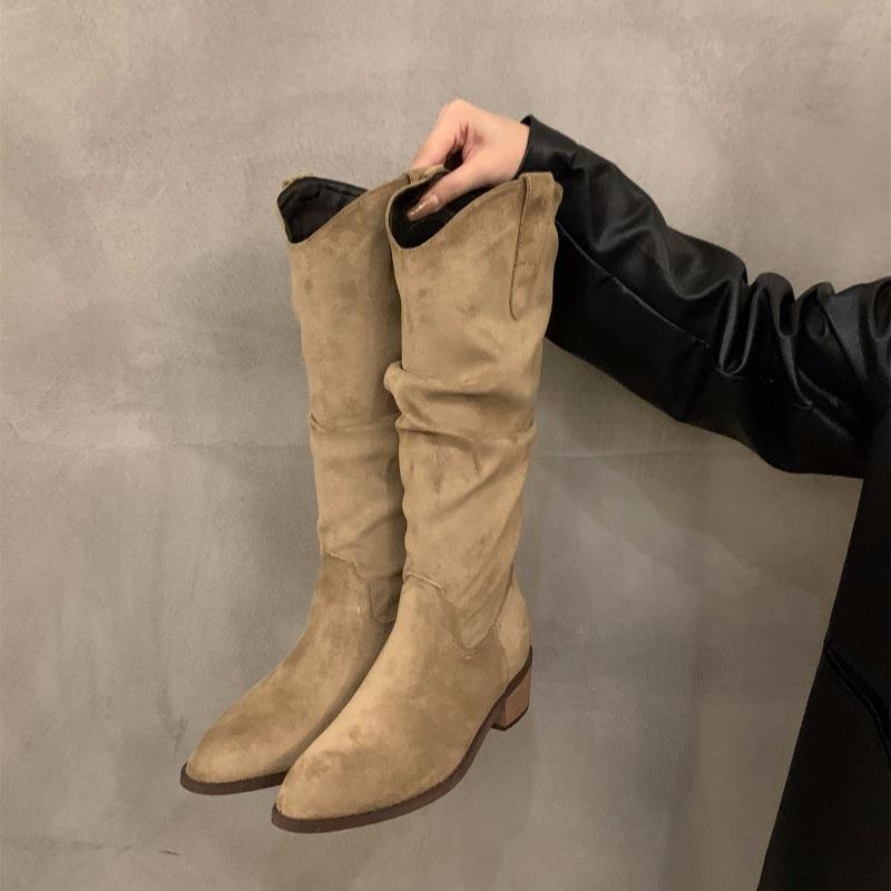 Vintage brown V-mouth stack medium tube boots women's shoes 2025 spring and autumn winter pointed western cowboy boots