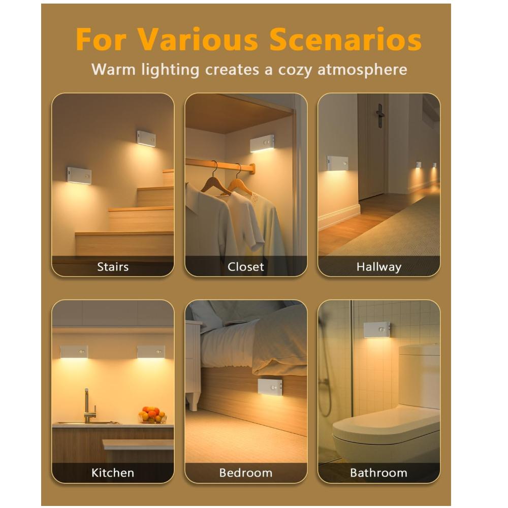 WILLED Night Light with Motion Alarm, 4 Pieces Rechargeable Stair Lighting with Motion Alarm, LED Night Light Children with 3 Modes (Auto/ON/OFF),